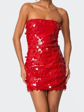 Edikted Red Sequin Strapless Bodycon Mini Dress Size S